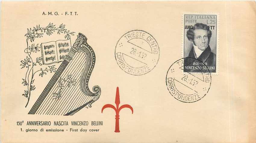 Lettre Cover Italia AMG FTT FDC Vincenzo Bellini Musique 1952 Harpe