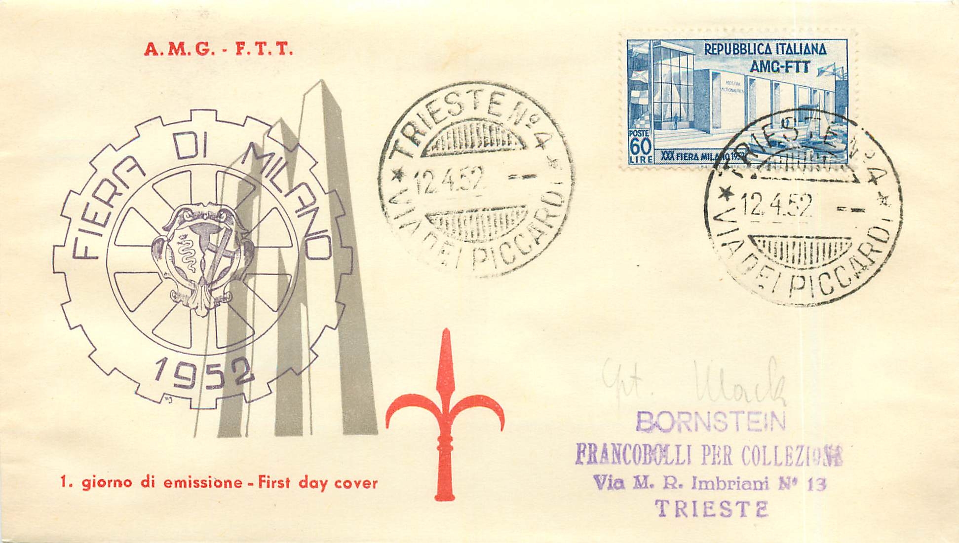 Lettre Cover Italia AMG FTT  Fiera Milano 1952 Milan FDC