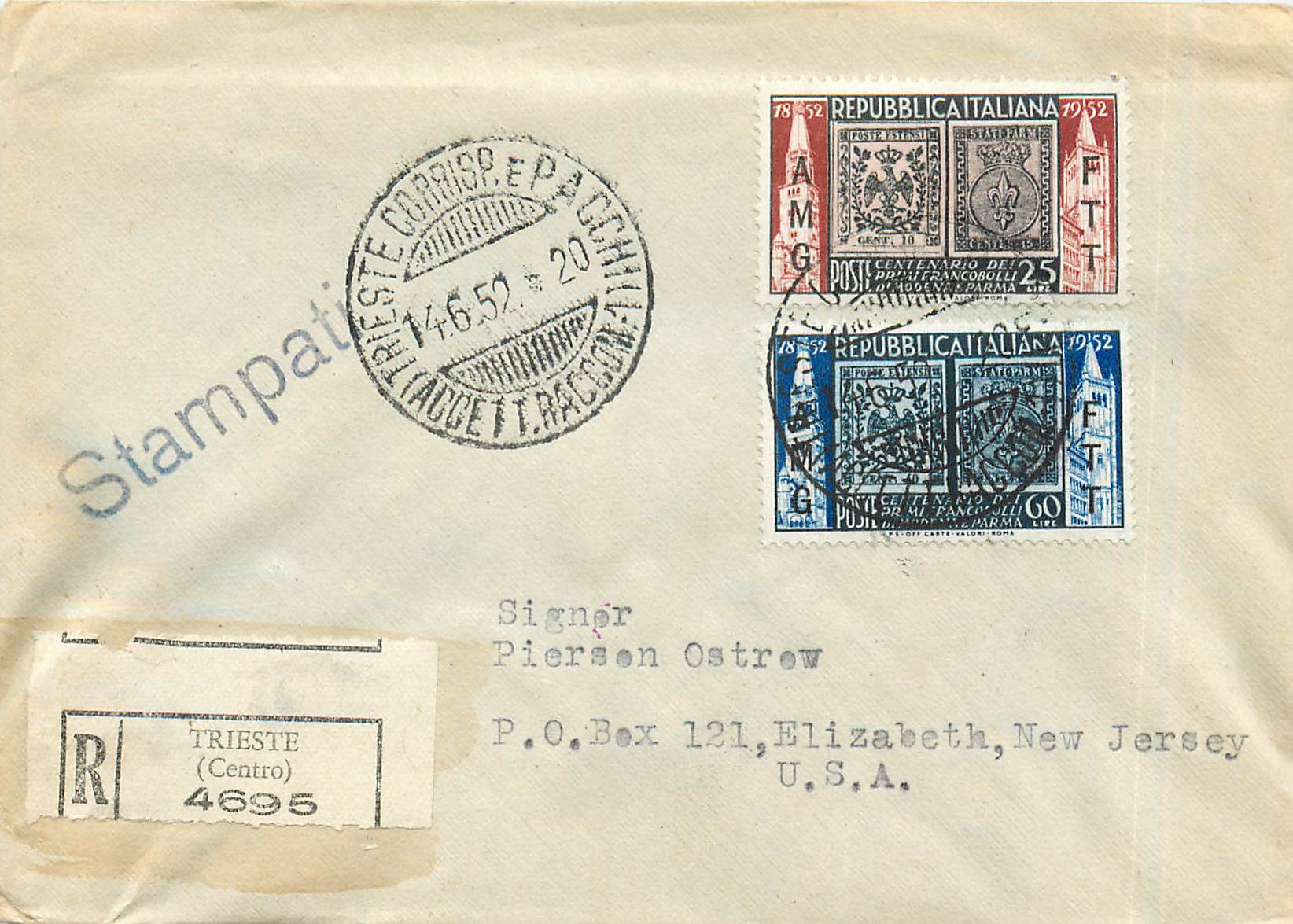 Lettre Cover Italia AMG FTT Centenario de francobelli 1952