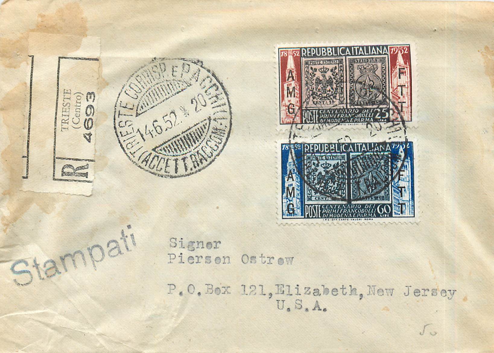 Lettre Cover Italia AMG FTT Centenario de francobelli 1952