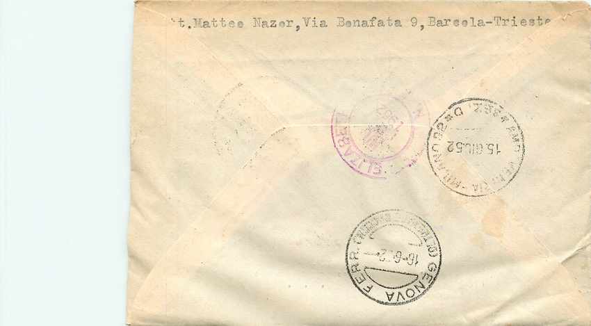 Lettre Cover Italia AMG FTT Centenario de francobelli 1952 — Rückseite
