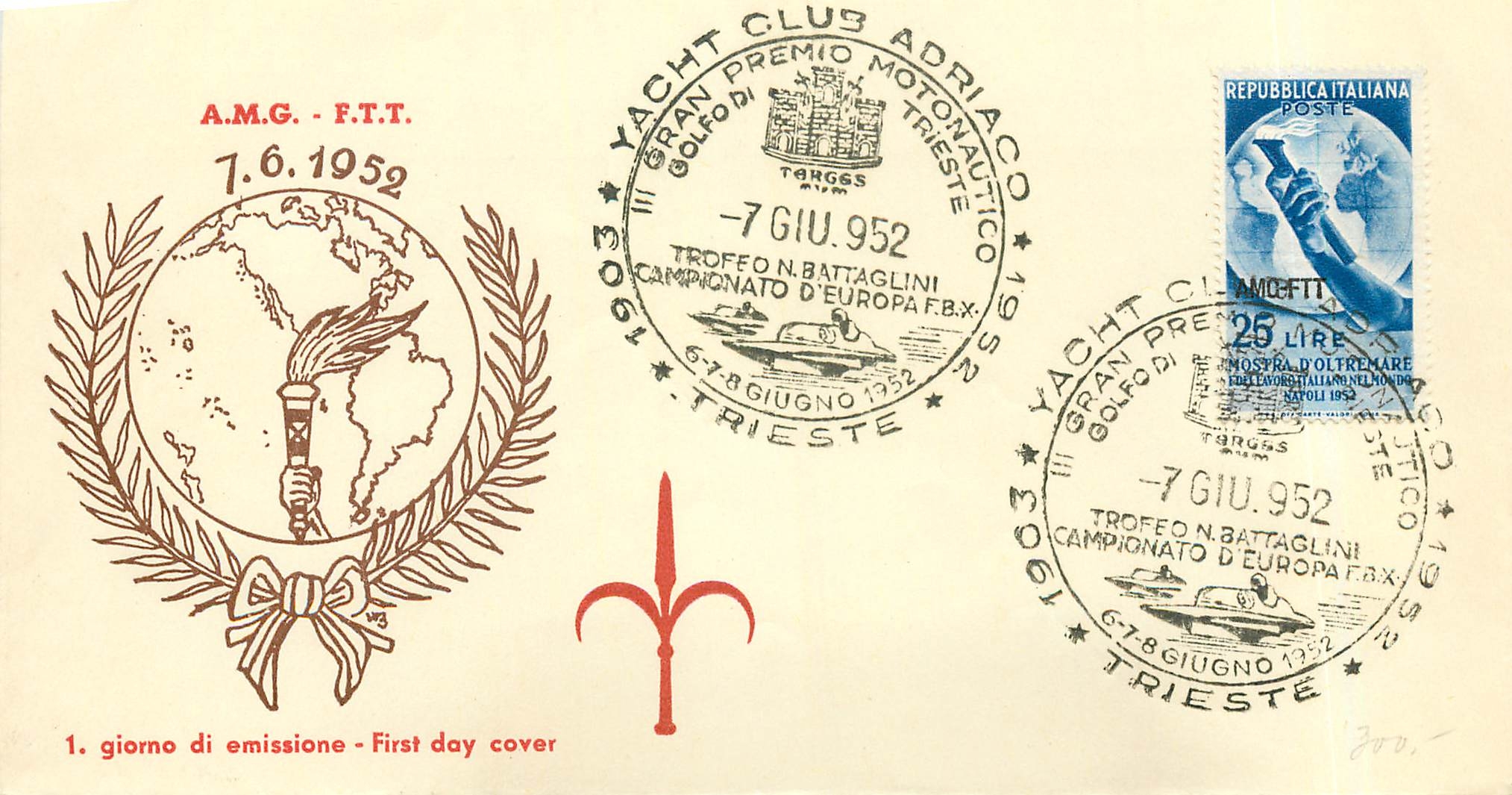 Grand Prix Motonautico de Trieste — 1er jour d'émission — A.M.G. - F.T.T. — 7 juin 1952