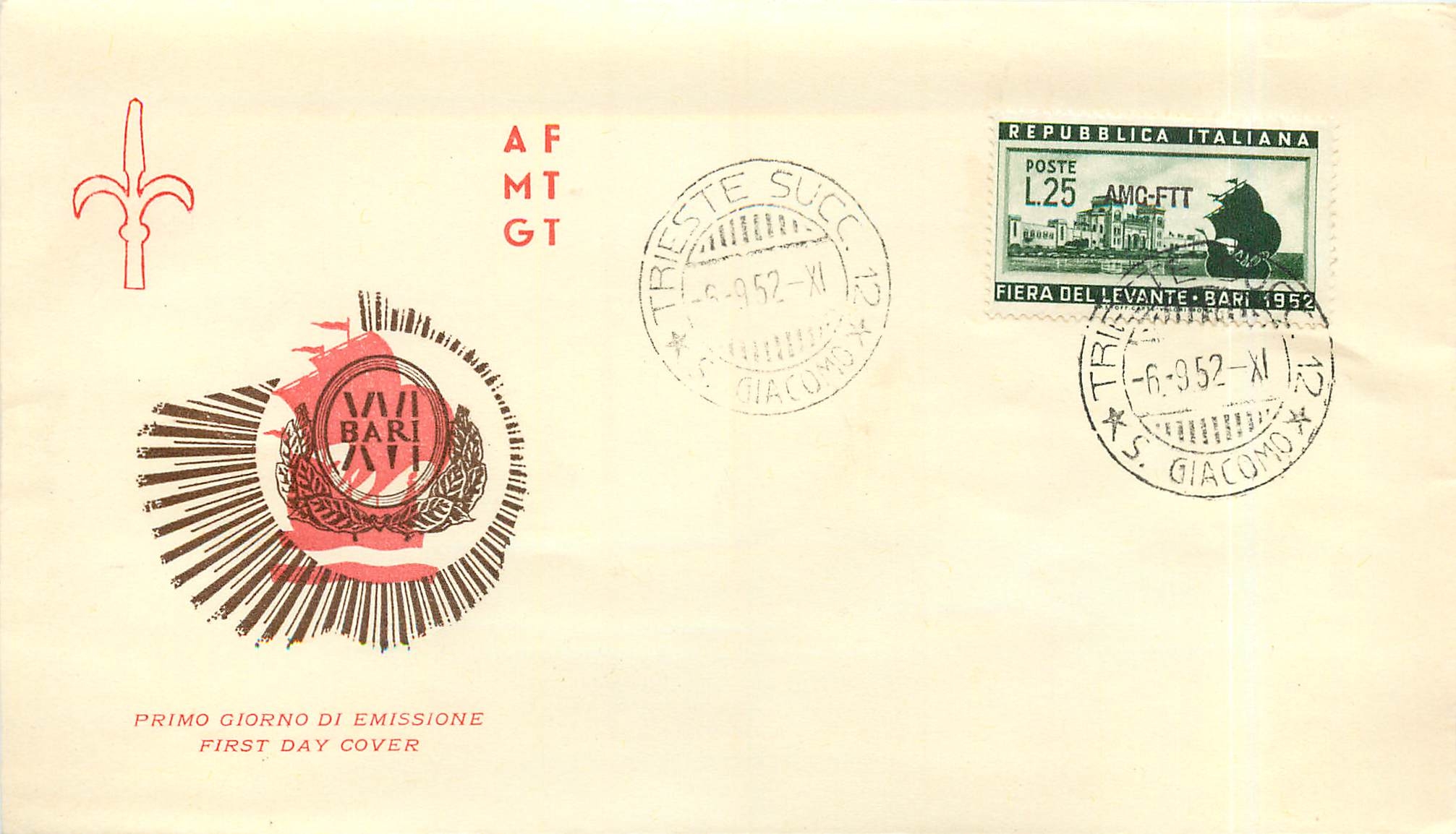 Lettre Cover Italia AMG FTT Fiera del Levante 1952