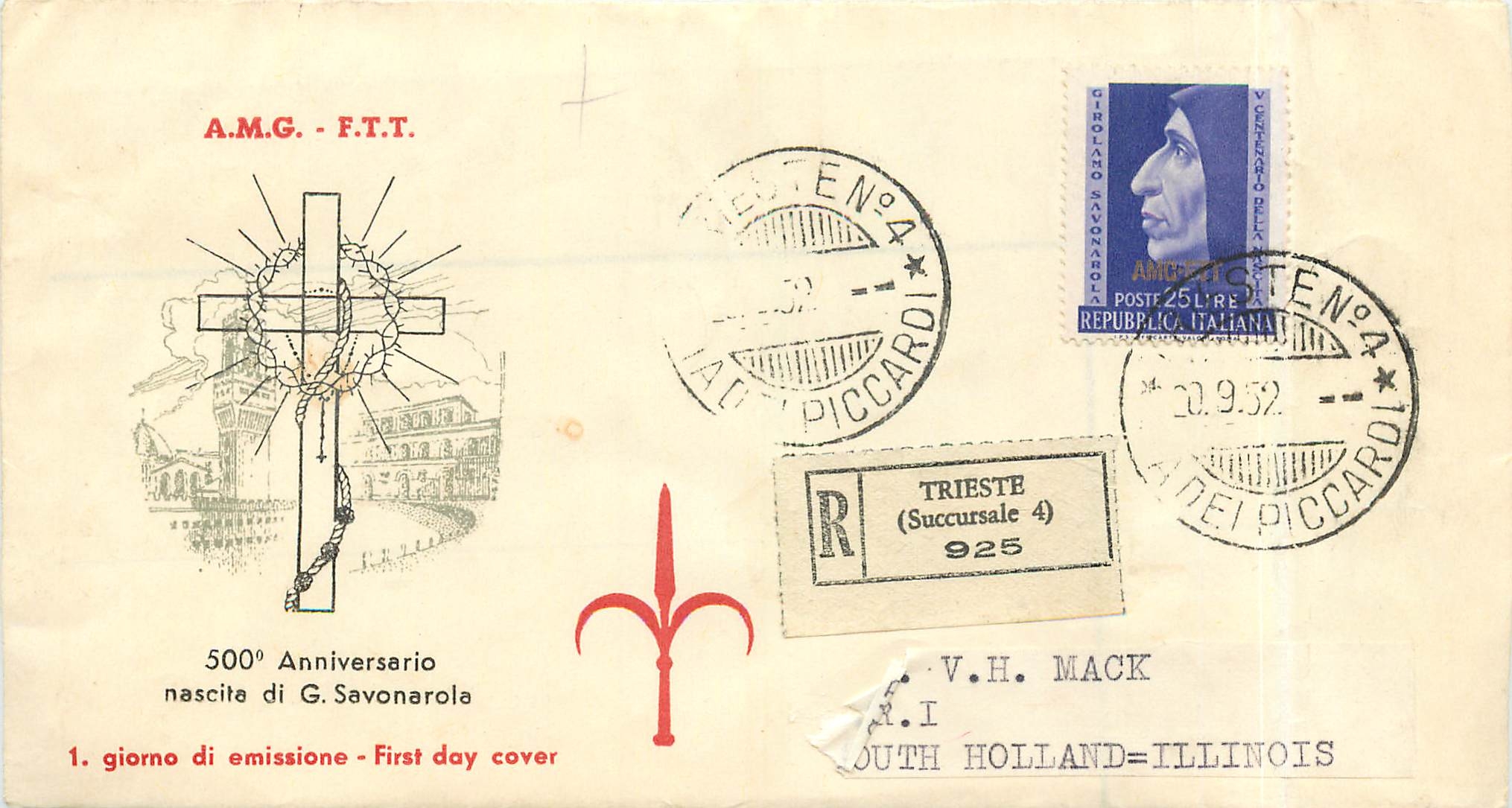 Lettre Cover Italia AMG FTT Savonarola 1952