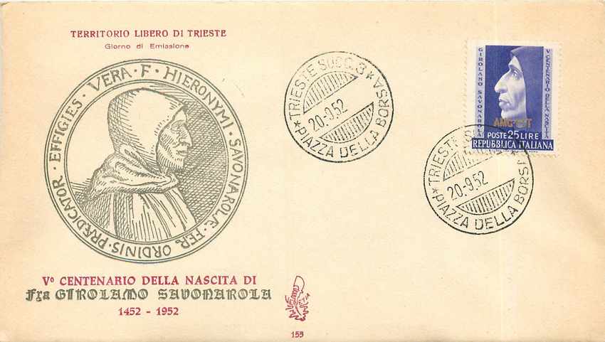 Lettre Cover Italia AMG FTT Savonarola 1952