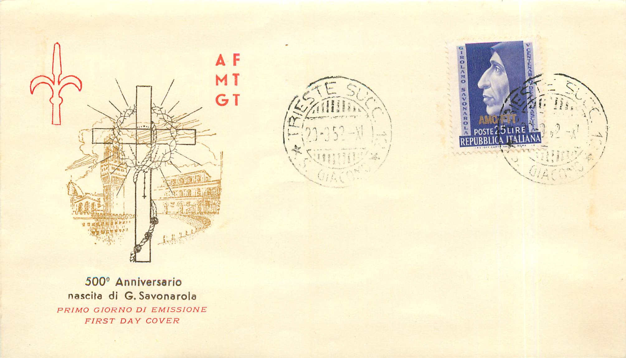 Lettre Cover Italia AMG FTT Savonarola 1952