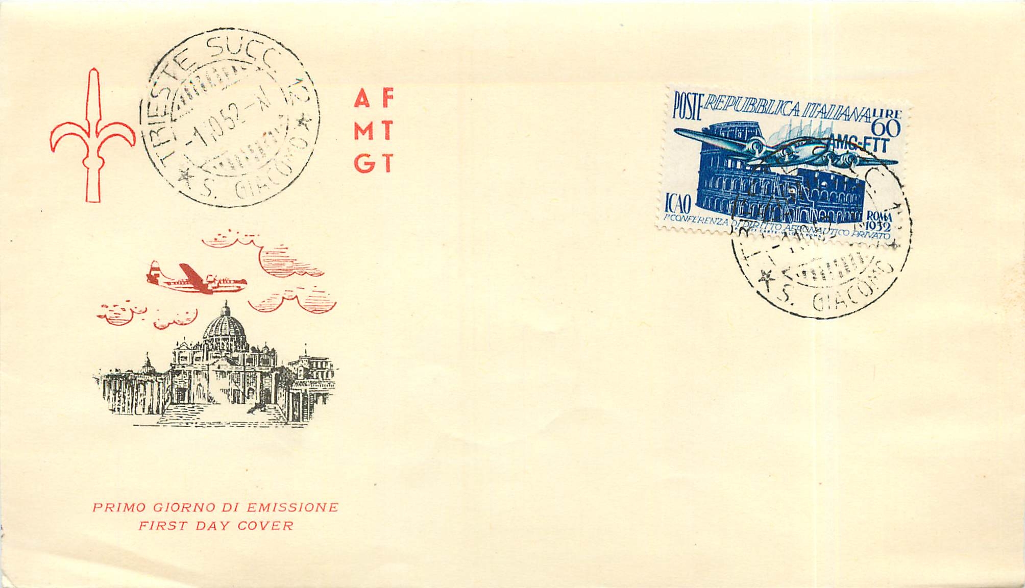 Lettre Cover Italia AMG FTT 1952 Avion Aviation FDC