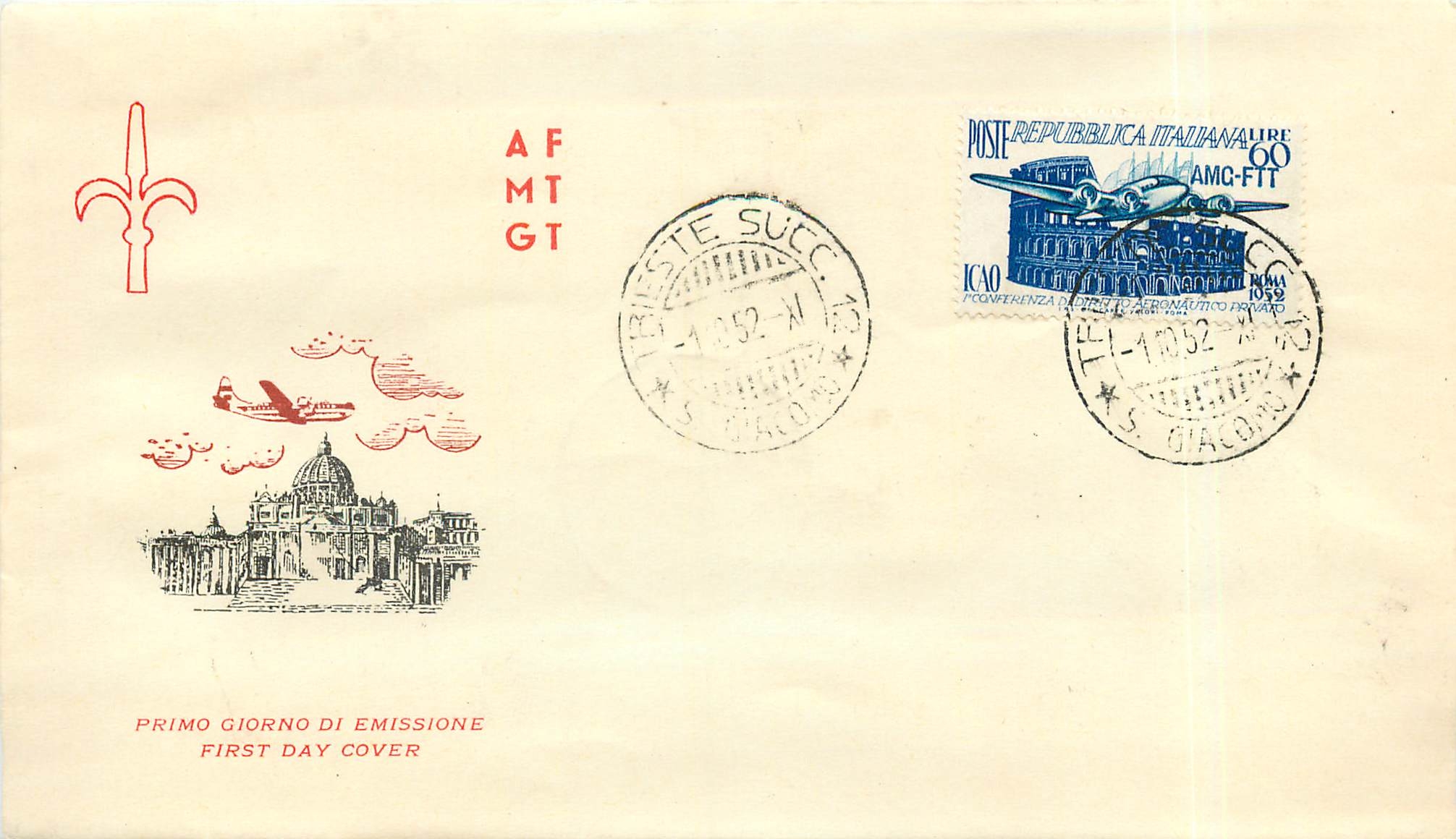 Lettre Cover Italia AMG FTT 1952 Avion Aviation FDC