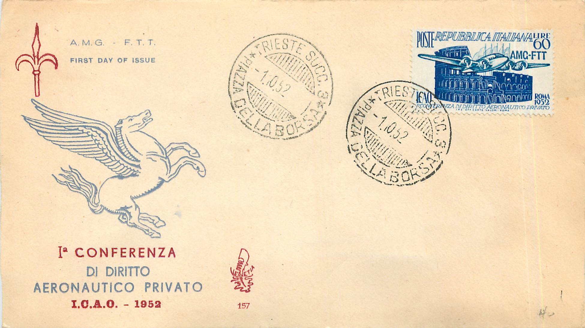 Lettre Cover Italia AMG FTT 1952 Avion Aviation FDC Cheval Pegase
