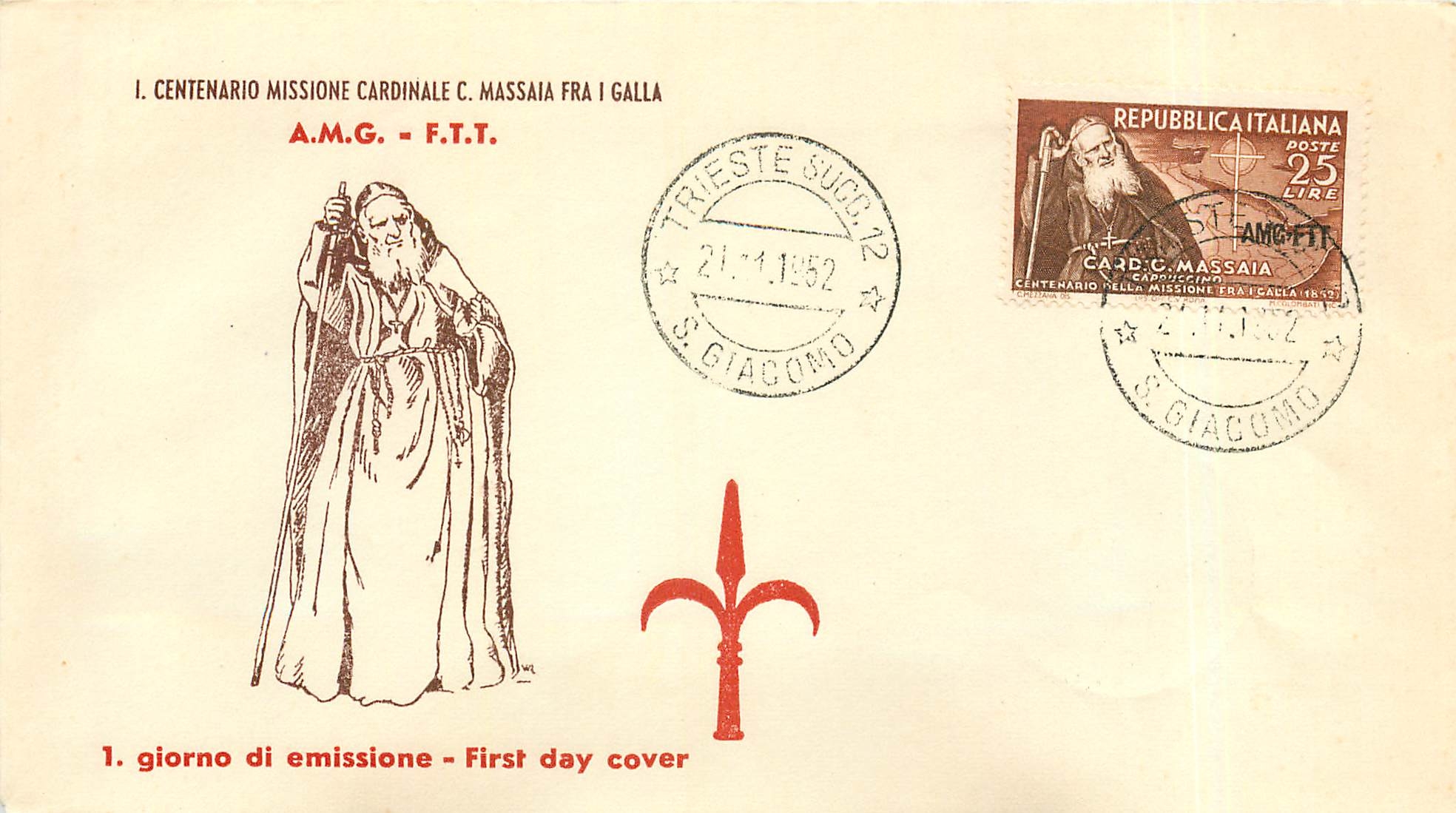 Lettre Cover Italia AMG FTT 1952 FDC Cardinale Massaia Fra I Galla