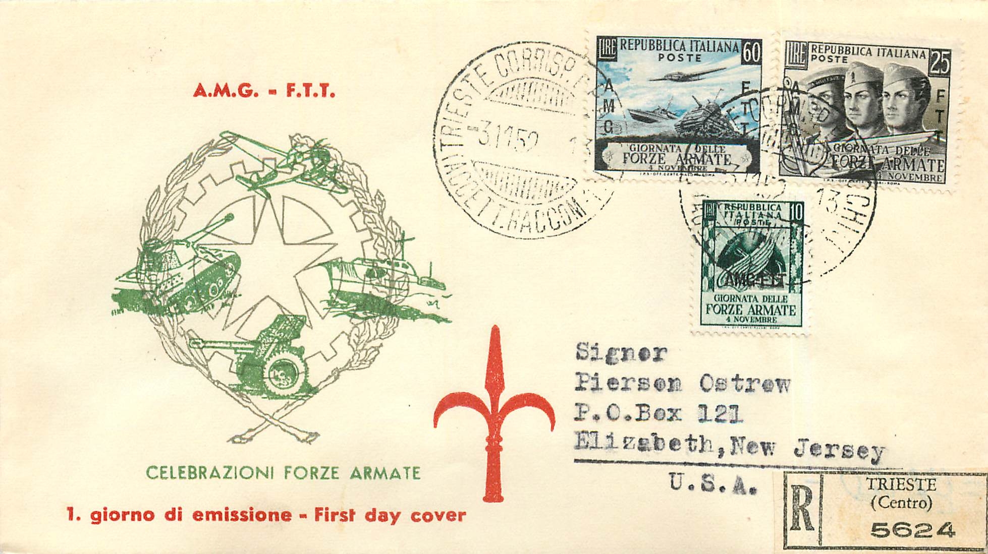 Lettre Cover Italia AMG FTT 1952 FDC Tank Char d'assaut Avion Aviation Militaria Bateau Militaria