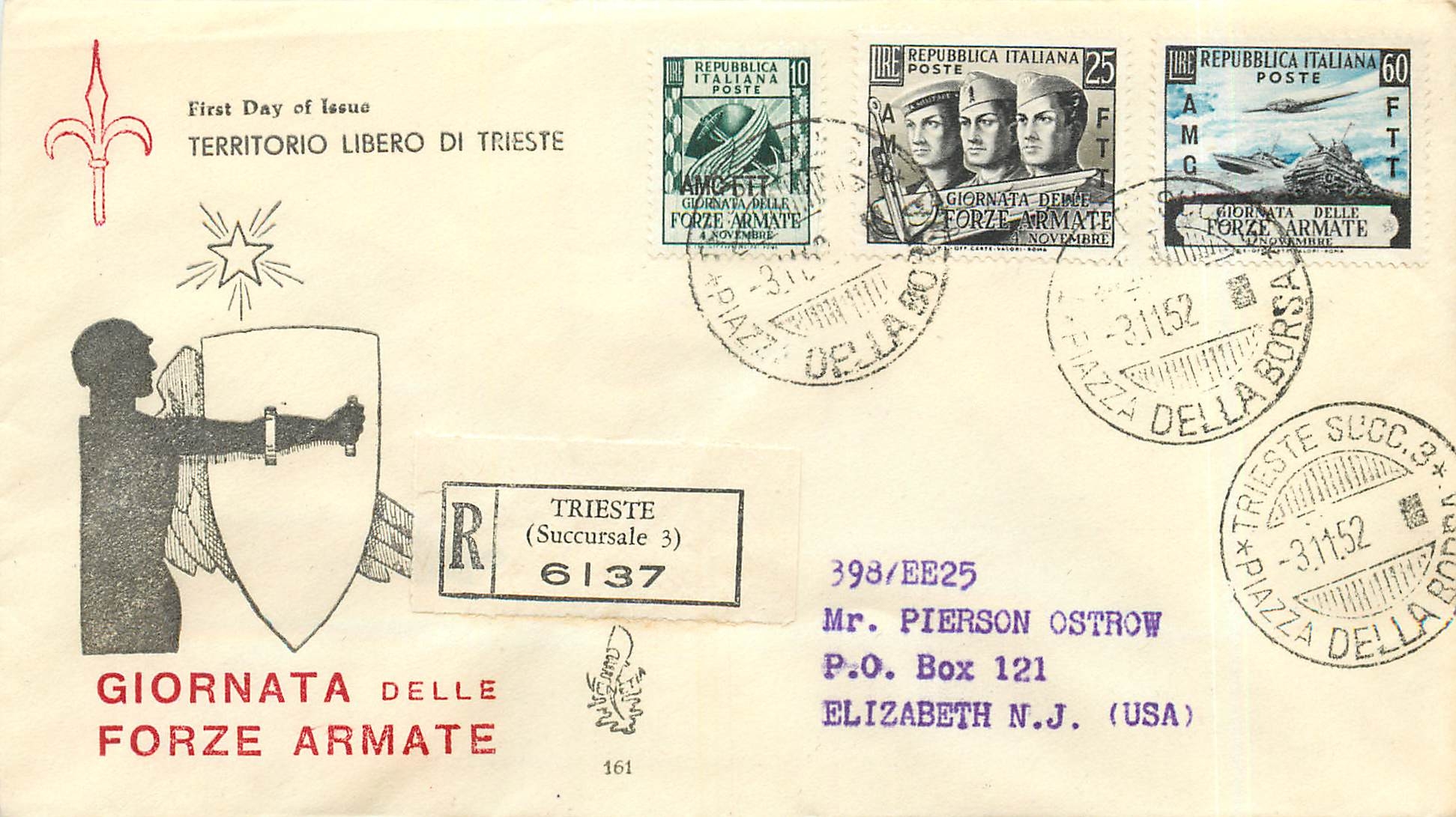 Lettre Cover Italia AMG FTT 1952 FDC Tank Char d'assaut Avion Aviation Militaria Bateau Militaria