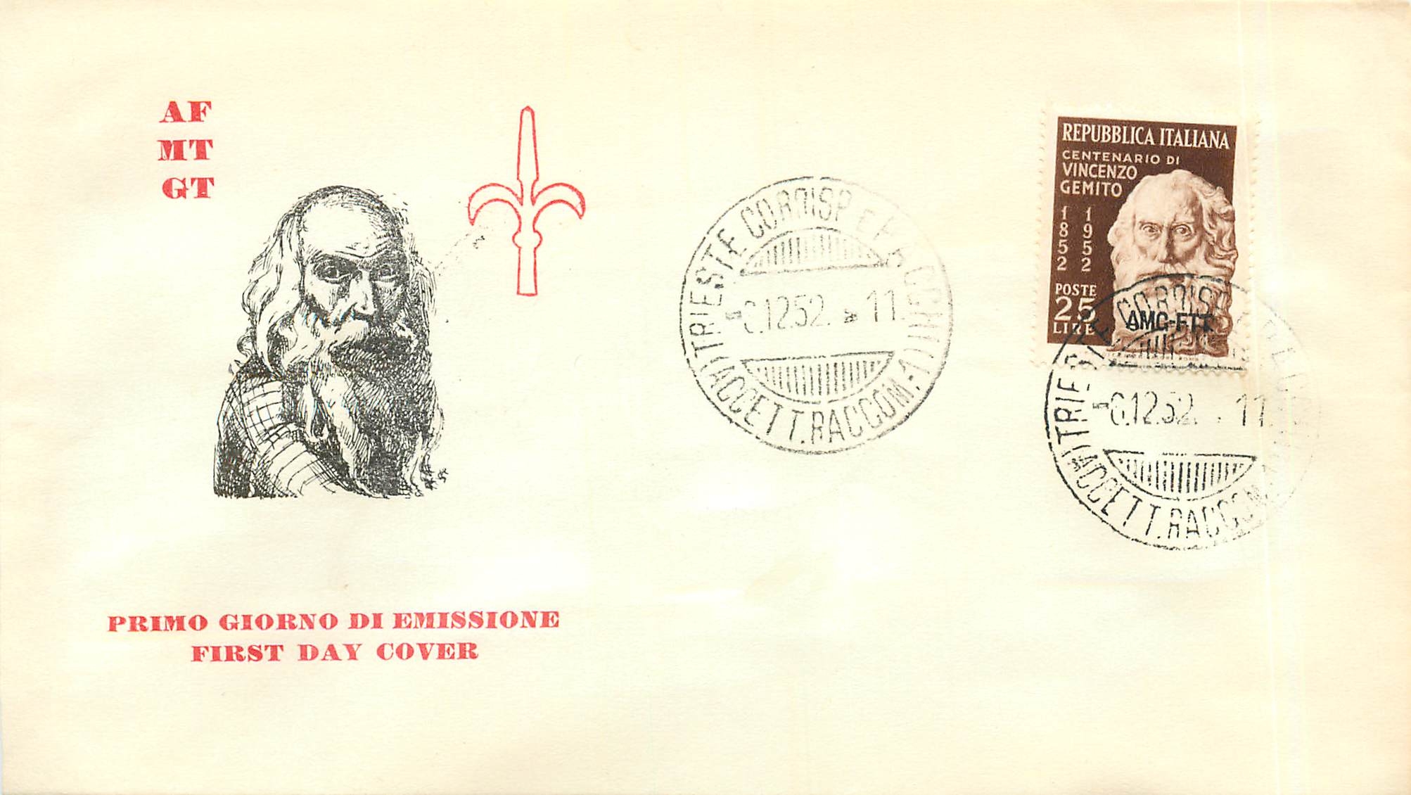 Lettre Cover Italia AMG FTT 1952FDC Vincenzo Gemito