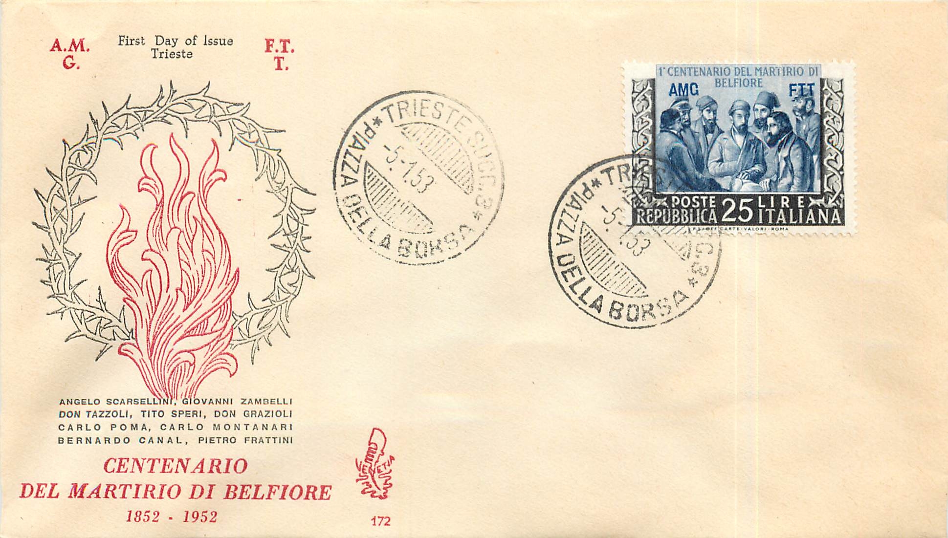 Lettre Cover Italia AMG FTT Martirio di Belfiore FDC 1953