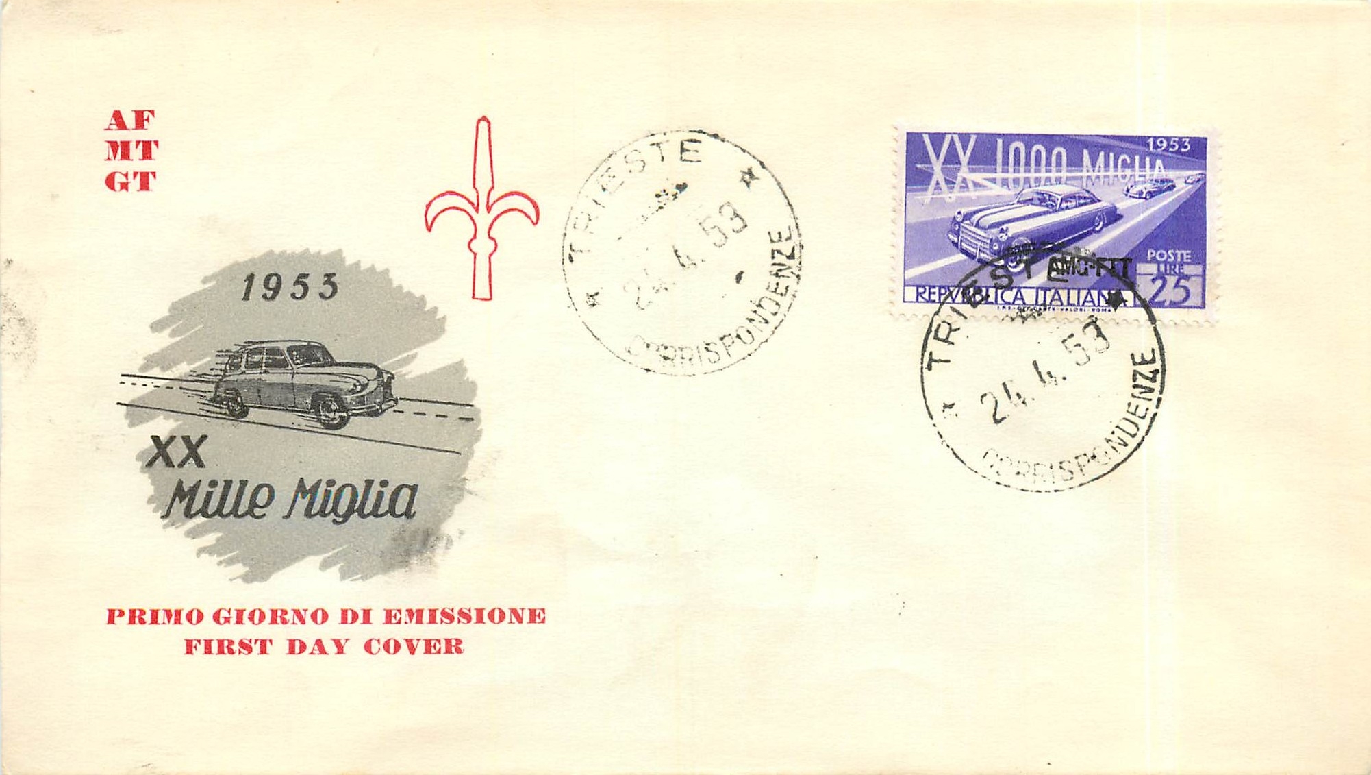 Lettre Cover Italia AMG FTT FDC  1953 Automobile 