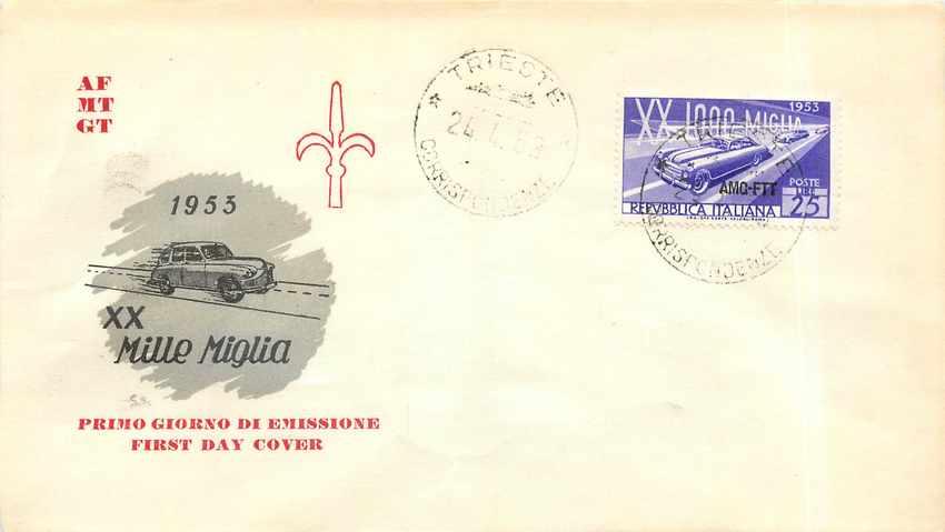 Lettre Cover Italia AMG FTT FDC  1953 Automobile 