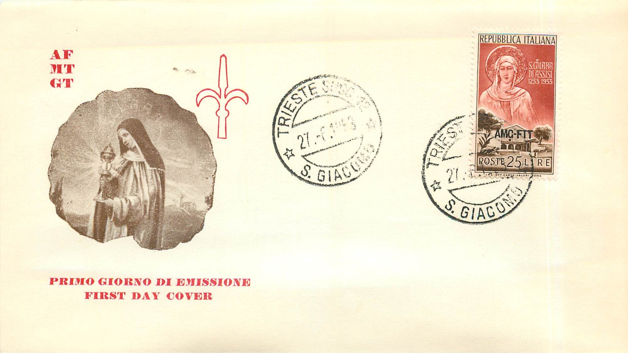 Lettre Cover Italia AMG FTT  FDC 1953 Assisi Assise