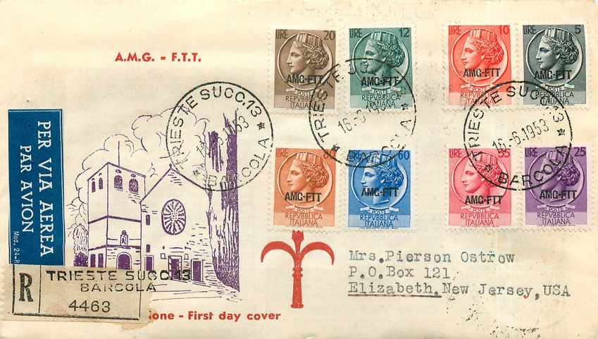 Lettre Cover Italia AMG FTT Trieste 1953