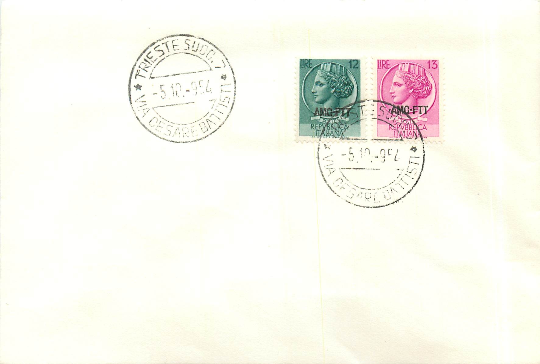Trieste - Via Cesare Battisti — timbres italiens et cachet postal de 1954