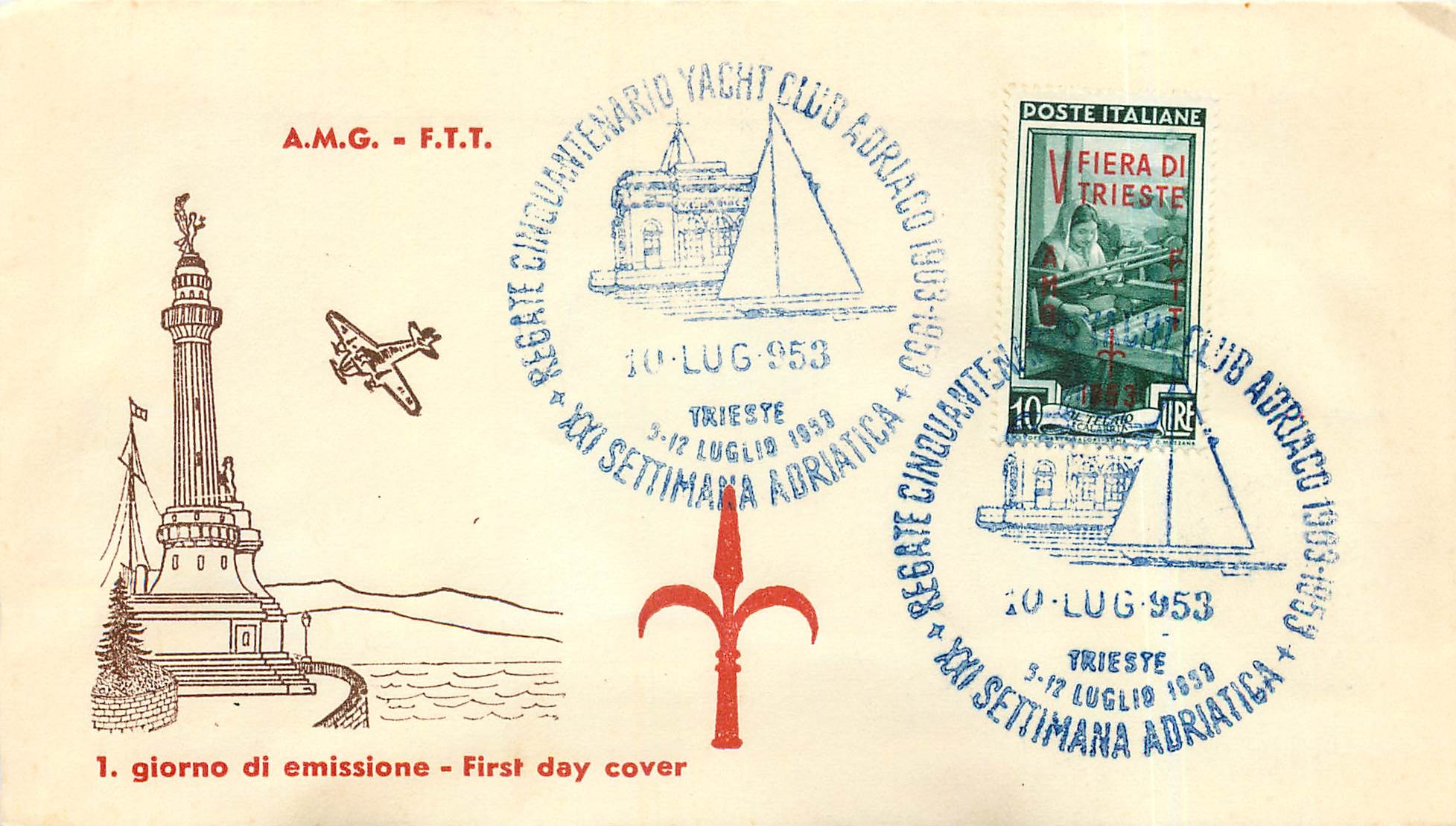 Lettre Cover Italia Italie  AMG FTT Fiera di Trieste 1953 Avion Aviation Phare Yacht Bateau