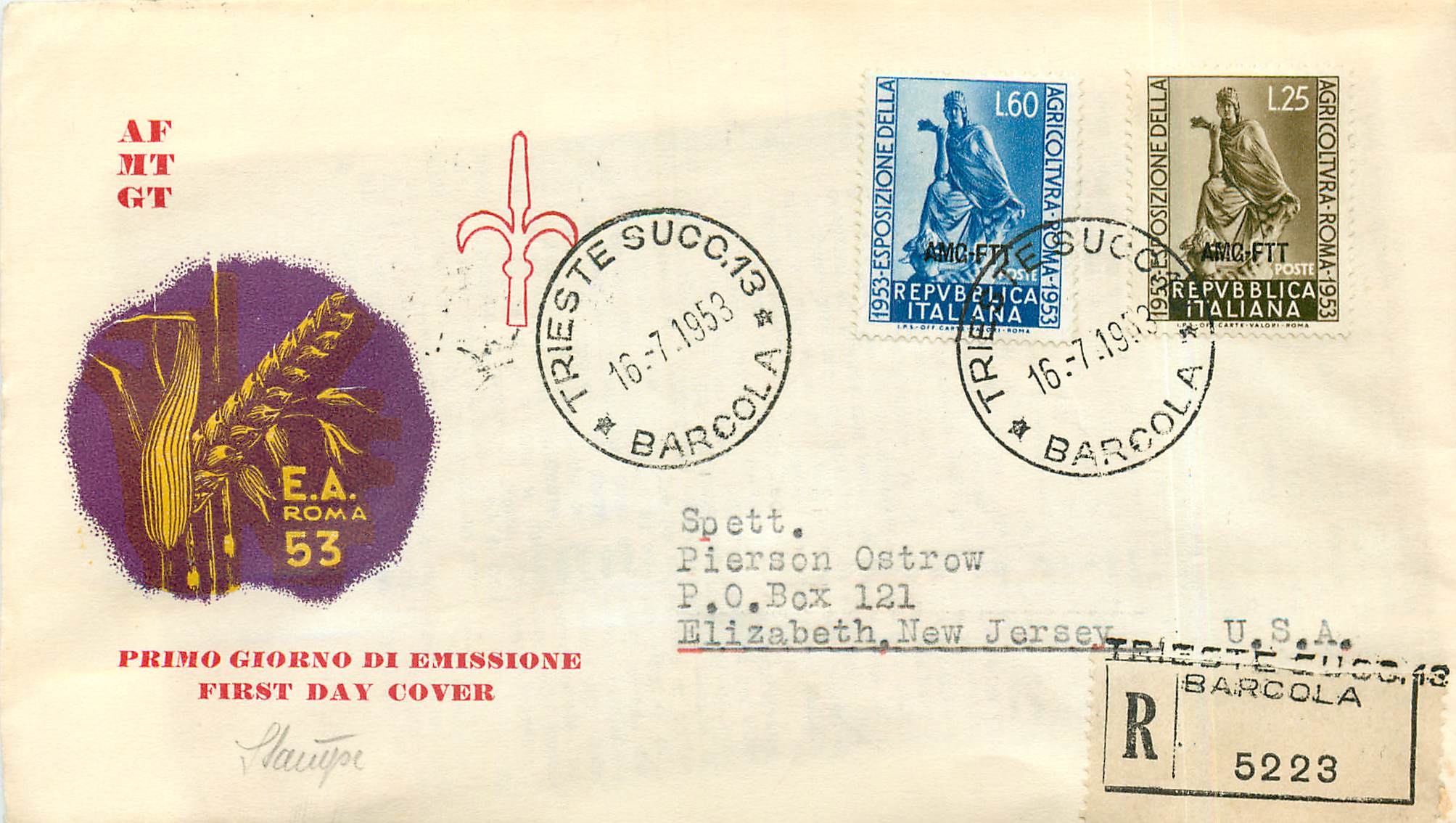 Lettre Cover Italia Italie  AMG FTT 1953 Agriculture  FDC