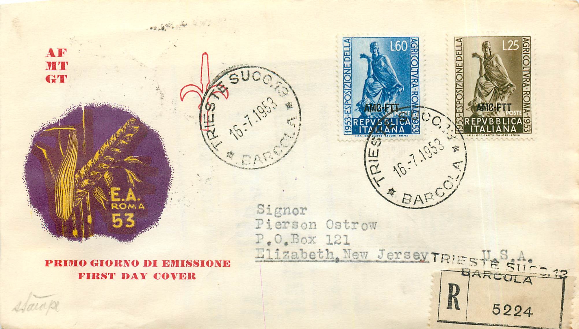 Trieste — Première Journée d'Émission 1953 — Exposition Agricole — Éditeur E.A. Roma