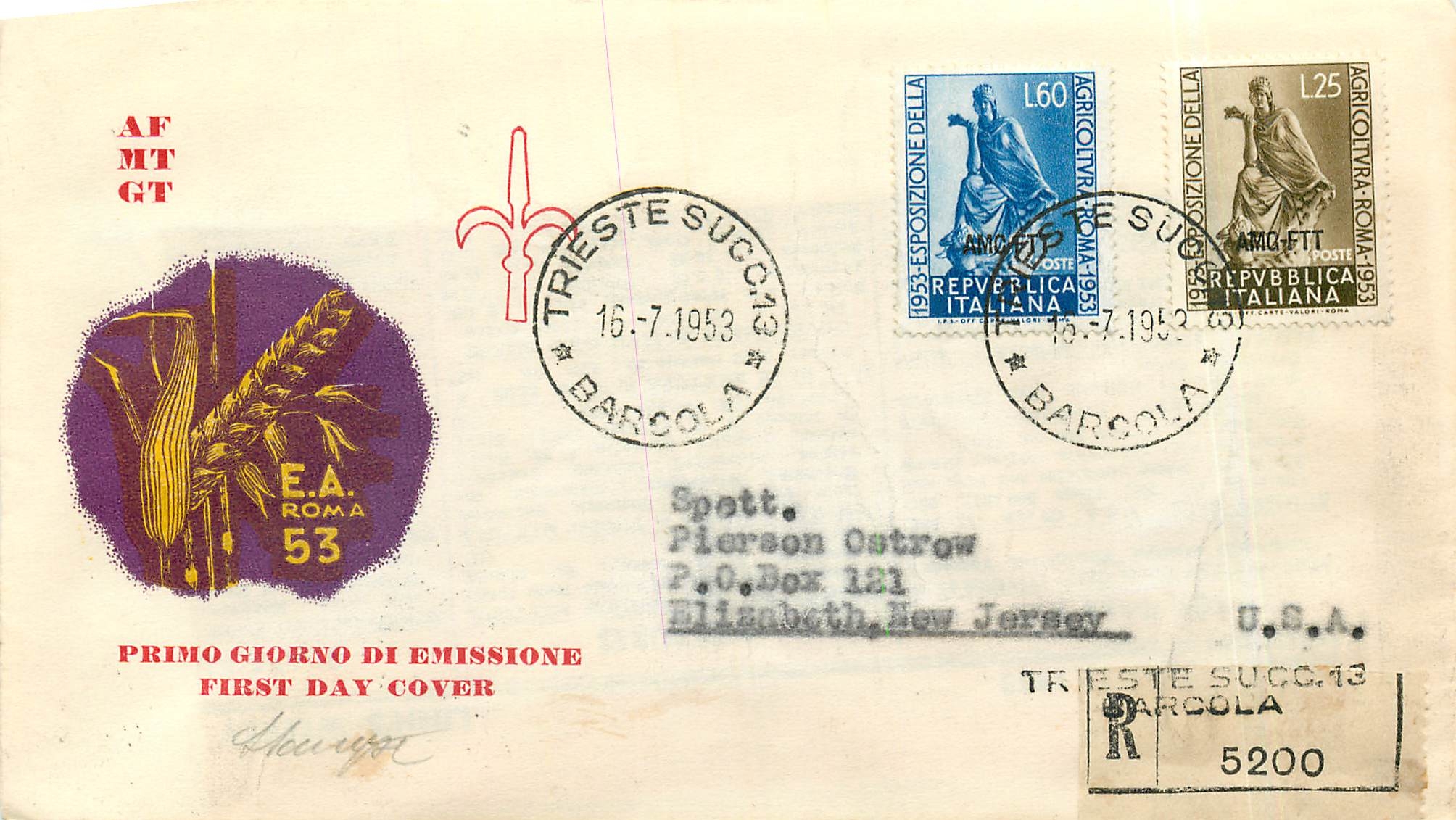 Lettre Cover Italia Italie  AMG FTT 1953 Agriculture  FDC