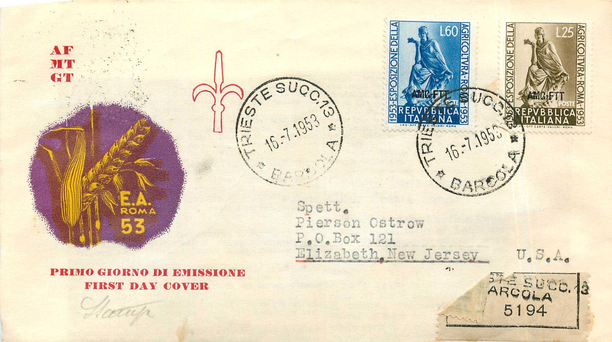 Trieste — Première Journée d'Émission — Exposition Agricole de Rome 1953 — Éditeur E.A. Roma 53