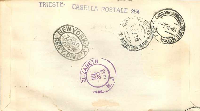 Exposition de Rome 1953 — Première Journée d'Émission — Trieste, Italie — Verso