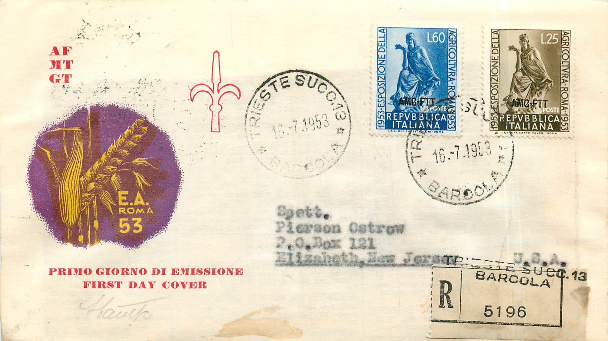 Exposition agricole de Rome 1953 — Première journée d'émission — Trieste, Italie