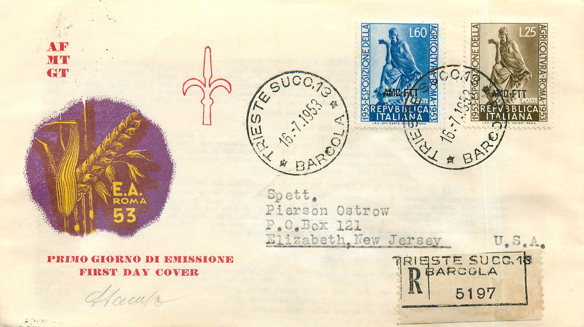 Lettre Cover Italia Italie  AMG FTT 1953 Agriculture  FDC