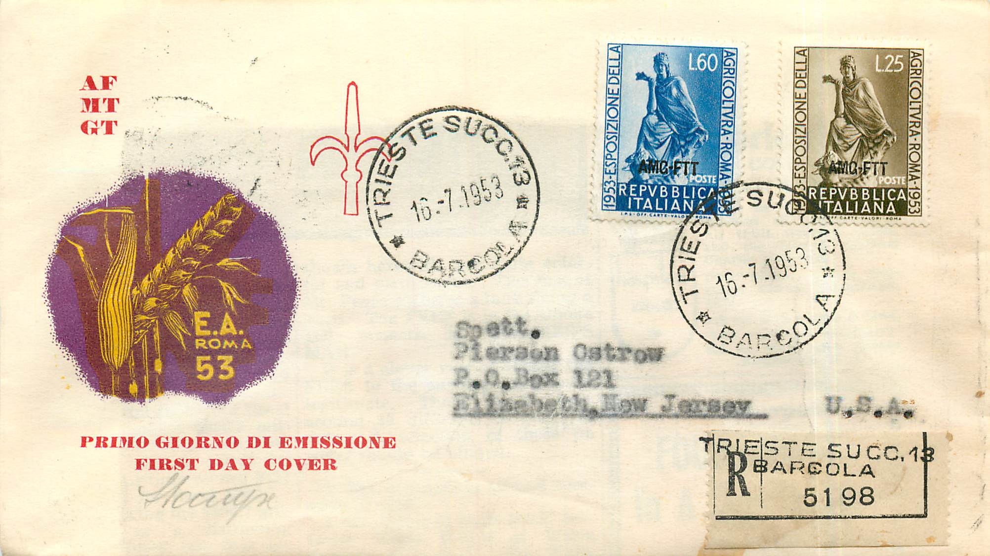 Lettre Cover Italia Italie  AMG FTT 1953 Agriculture  FDC