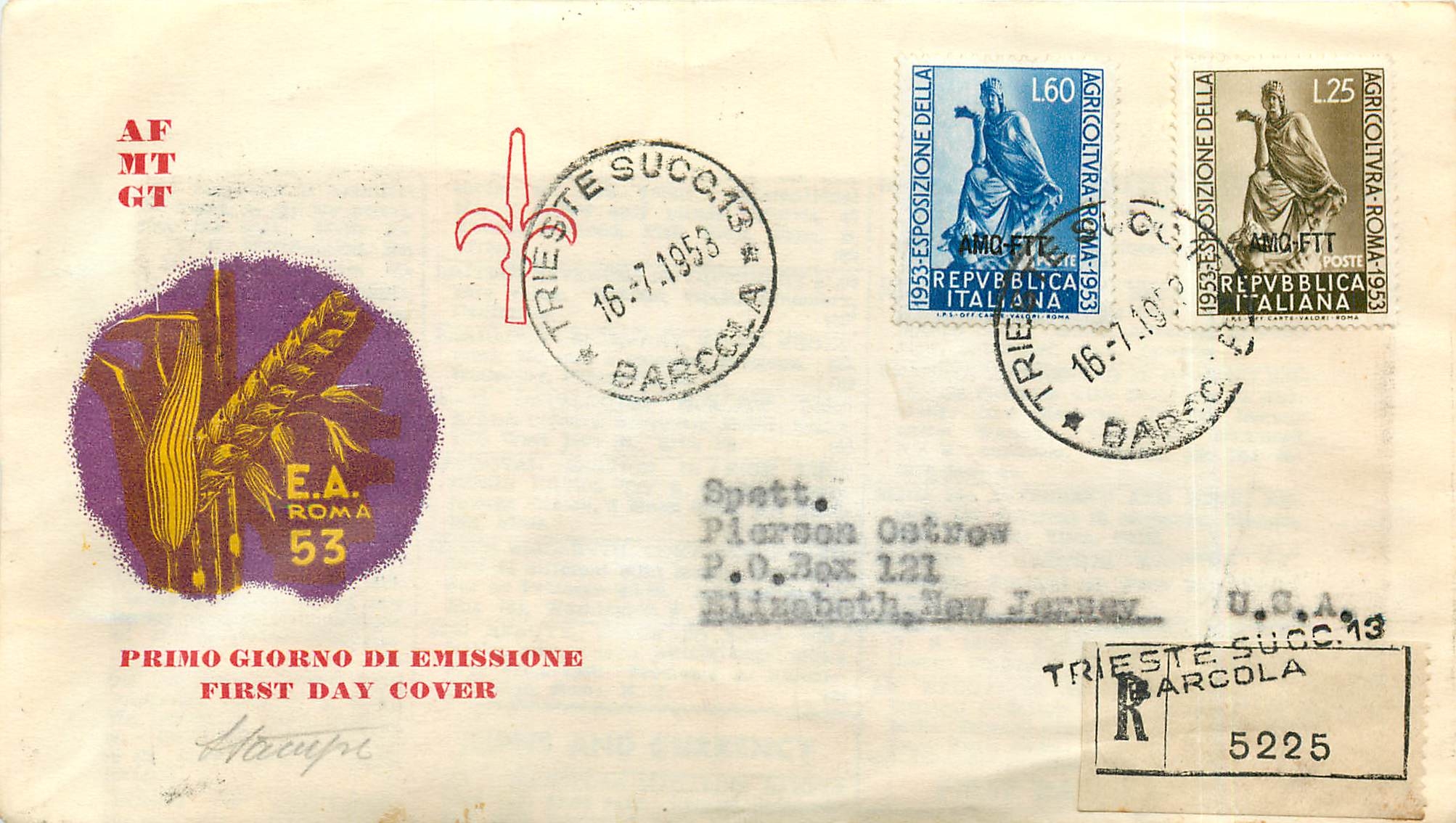 Lettre Cover Italia Italie  AMG FTT 1953 Agriculture  FDC