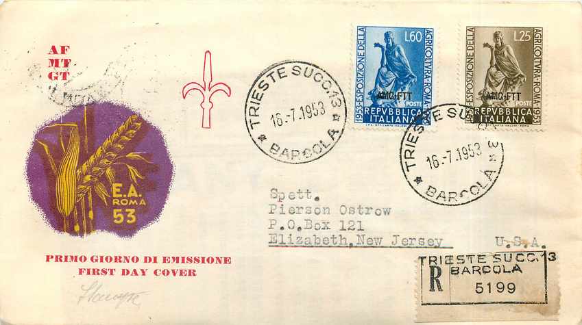 Trieste — Exposition de l'Agriculture italienne — 1er jour d'émission 16.7.1953 — éditeur E.A. Roma, n° 53
