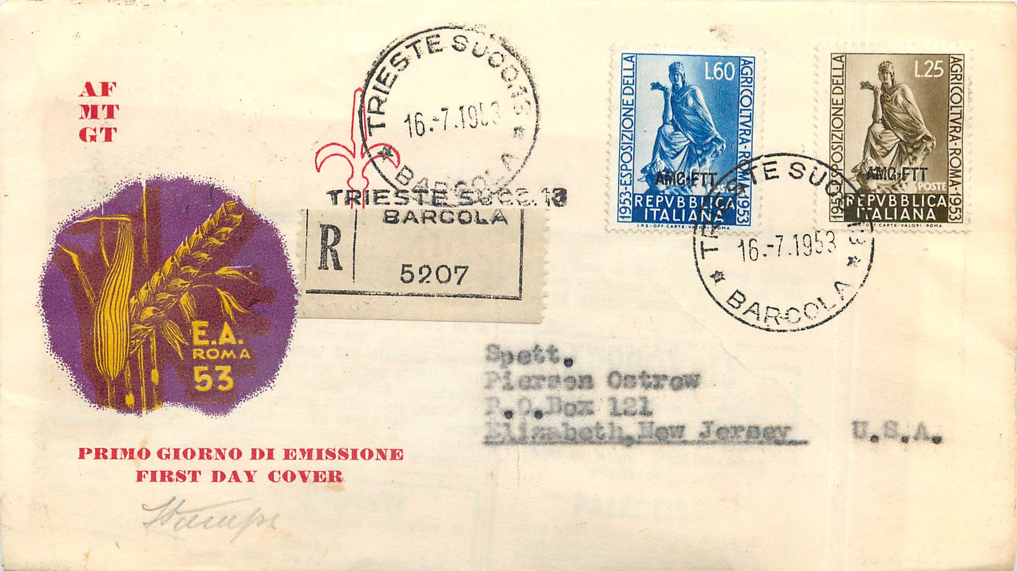 Lettre Cover Italia AMG FTT 1953 Ble Agriculture