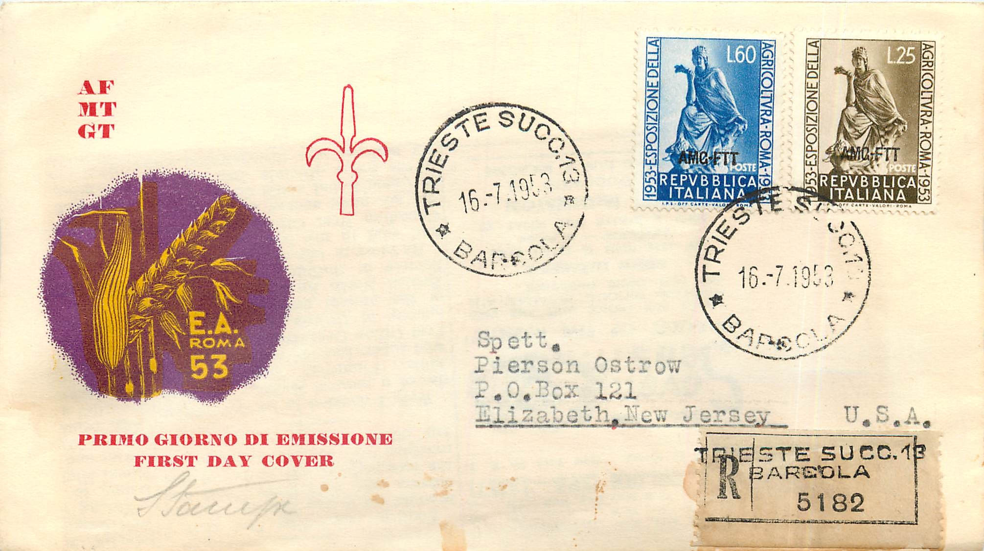 Trieste - Erster Tag der Ausgabe - italienische Landwirtschaftsstempel 1953 — Verlag E.A. Roma, Seriennummer 53