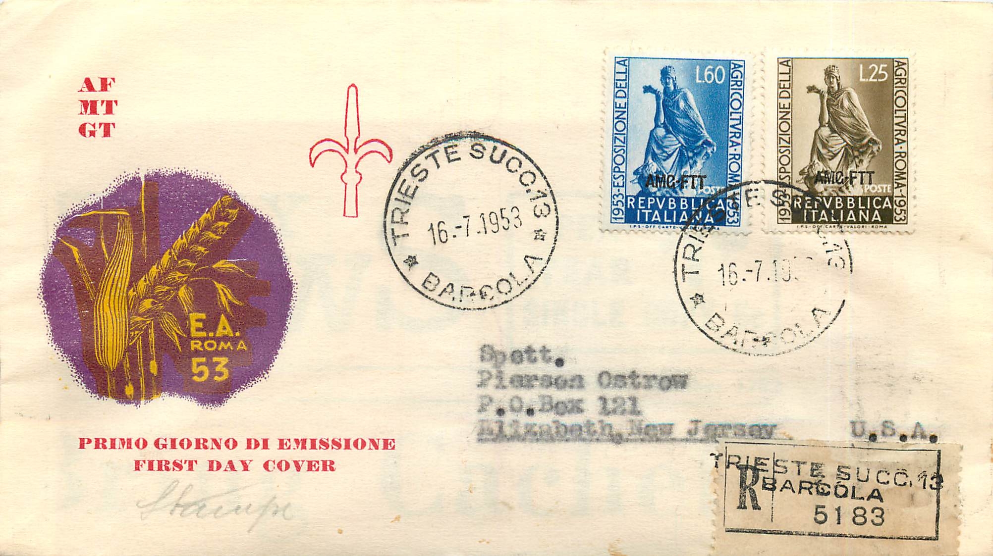 Trieste — Première Journée d'Émission des timbres agricoles italiens — 16.7.1953 — éditeur E.A. Roma, n° de série 53