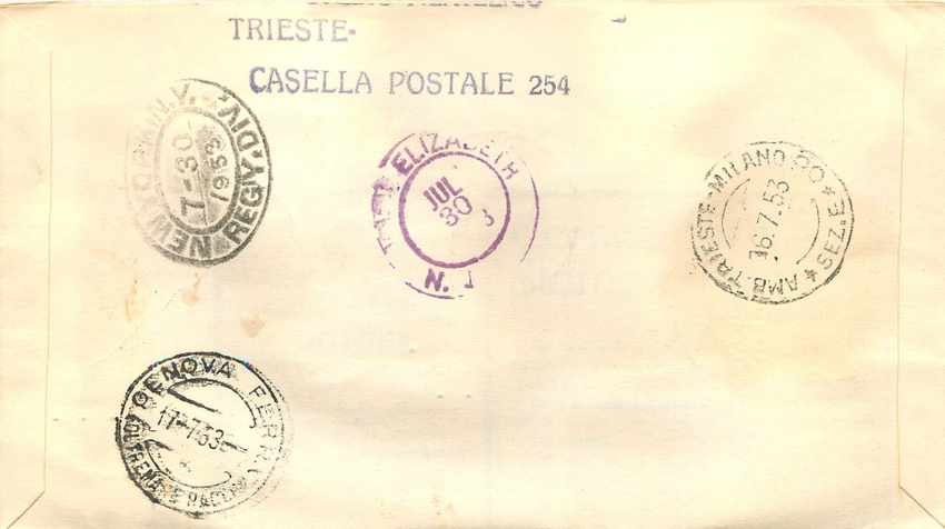 Trieste — Première Journée d'Émission des timbres agricoles italiens — 16.7.1953 — éditeur E.A. Roma, n° de série 53 — Achterkant