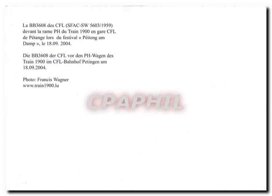 CPM La BB3608 des CFL devant la rame PH du Train  — Rückseite