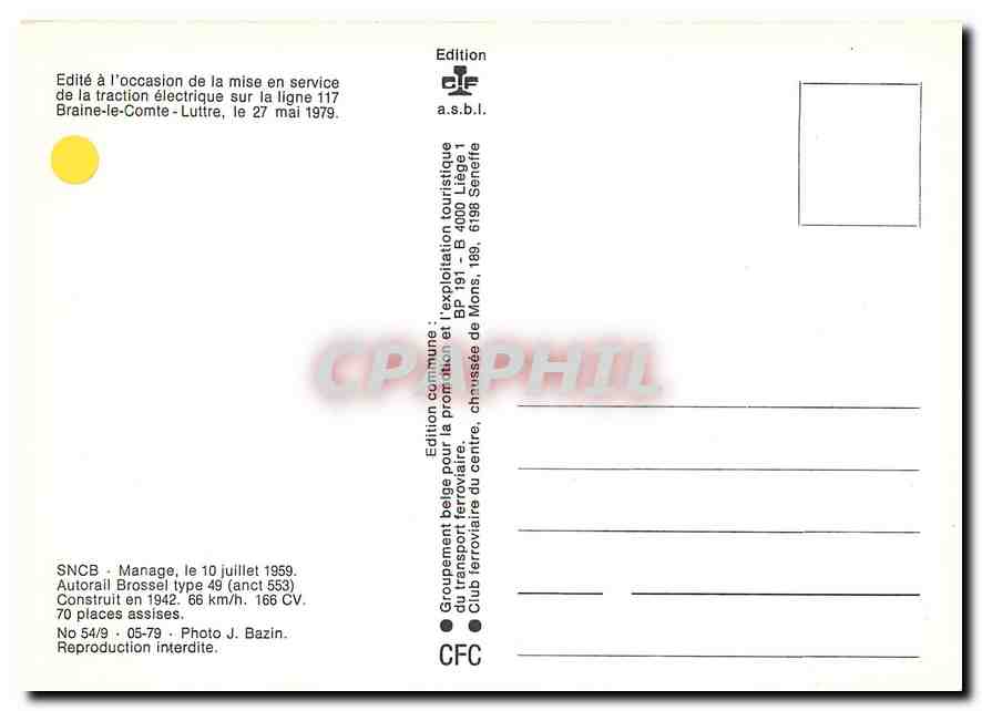 CPM Autorail Brossel Braine le Comte Luttre — Verso