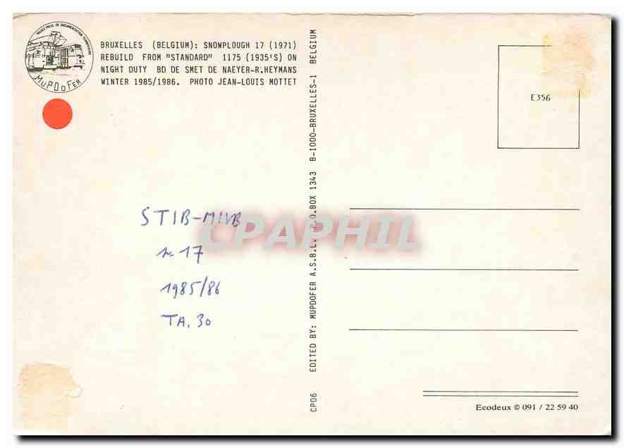 CPM Bruxelles Belgium Snowplough  — Verso