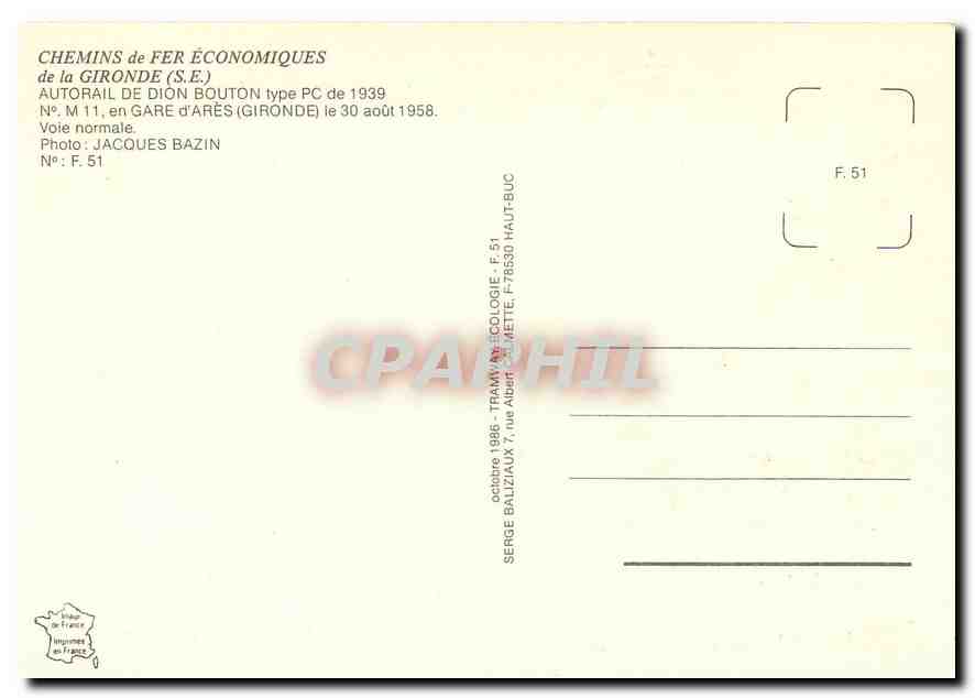 CPM Gironde Autorail de Dion Bouton Gare d'Ares  — Rückseite