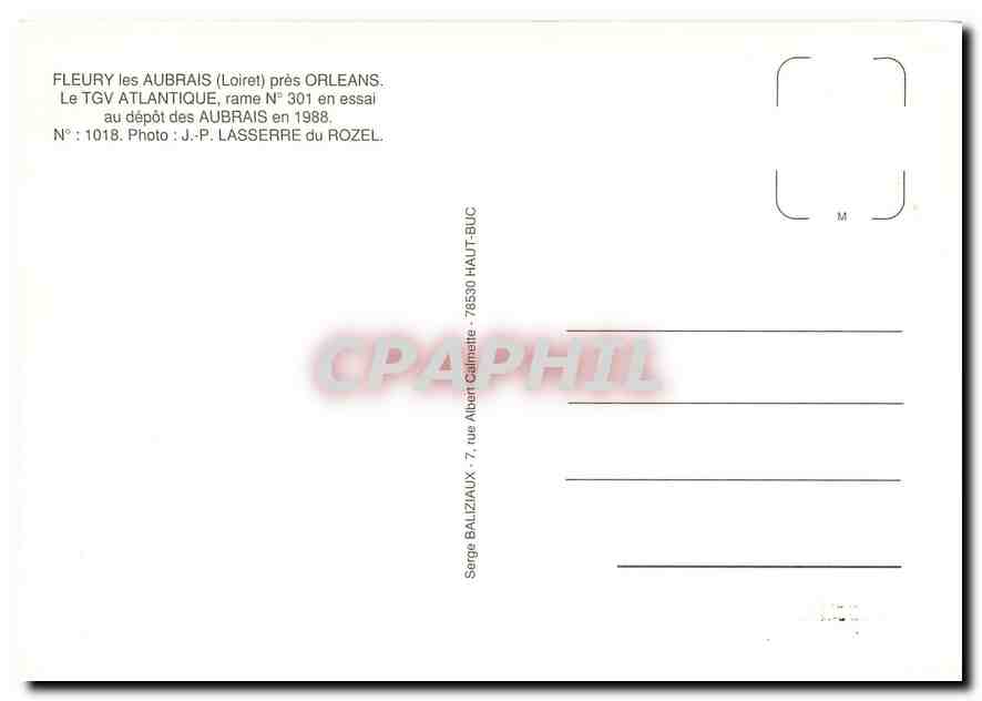 CPM Fleury les Aubrais Loiret TGV Atlantique Rame 301 — Rückseite