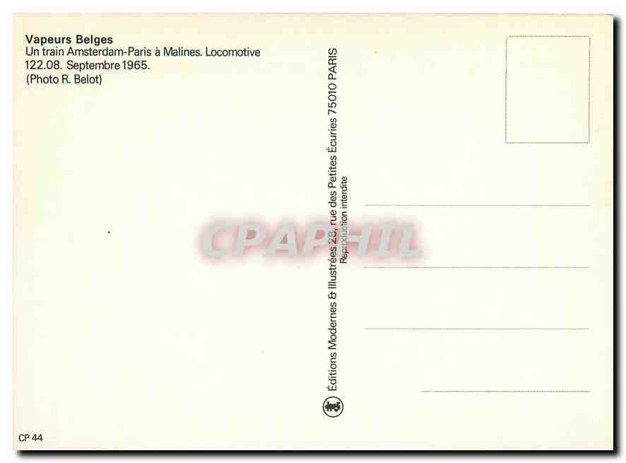 CPM Vapeurs Belges Amsterdam Paris a Malines 122 08 — Verso