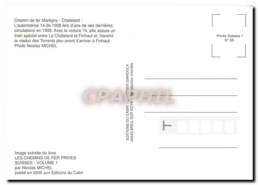 CPM Chemin de fer Martigny Chatelard — Verso