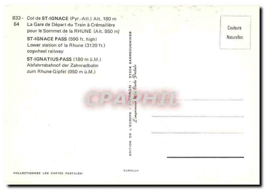 CPM Col de St Ignace Pyr Atl La gare de depart du train a Cremaillere pour le sommet de la Rhune — Verso