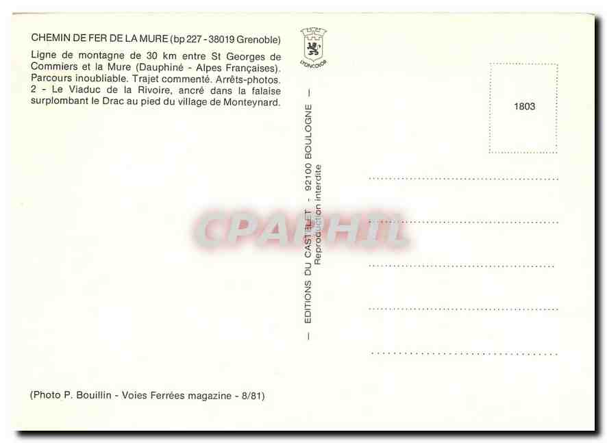CPM Chemin de fer de la Mure Grenoble St Georges de Commiers Mure Monteynard — Verso