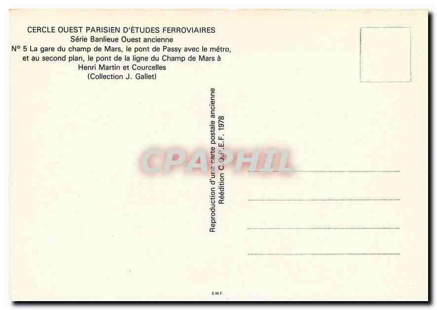 CPM Cercle Ouest Parisien d'Etudes Ferroviaires Gare du Champ de Mars Pont de Passy — Back