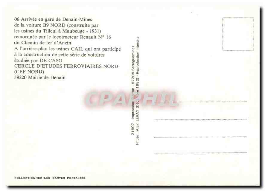 CPM Arrivee en gare de Demain Mines de la voiture B9 Nord Tilleul Maubeuge — Rückseite