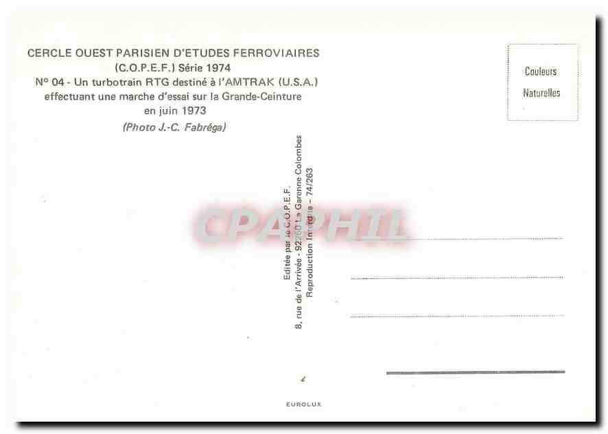 CPM Un turbotrain RTG destina a l'AMTRAK effectuant une marche d'essai sur la grande ceinture — Rückseite